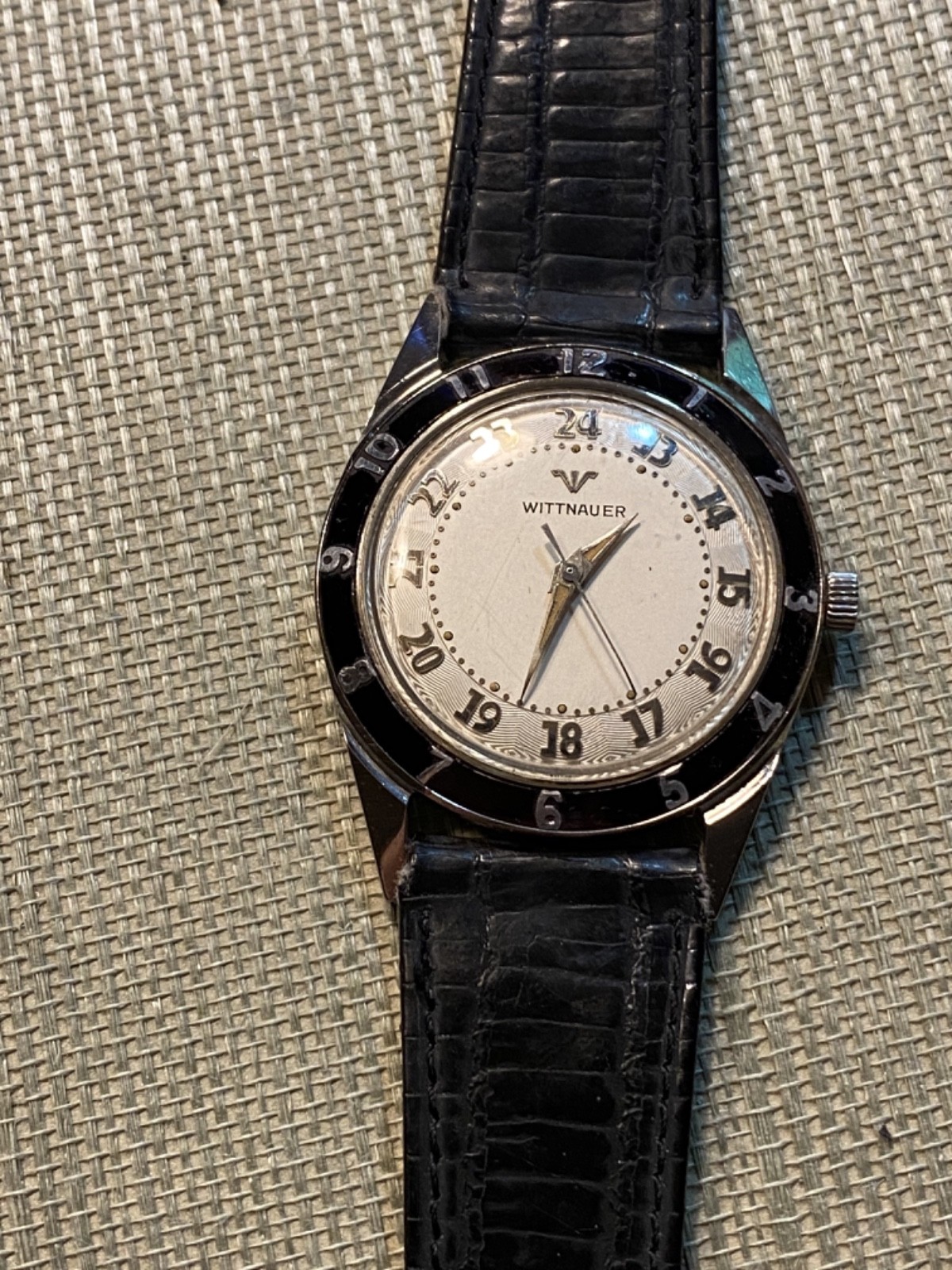 RARE ALL S. S. Wittnauer w/Enamel Bezel, 24Hr Guilloche Dial Watch; Runs well!