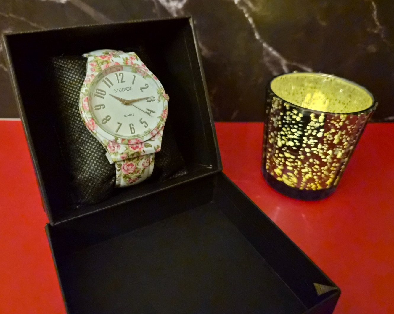 Studio X Womens Cuff Watch Floral Rose Pattern White Dial Arabic Numerals