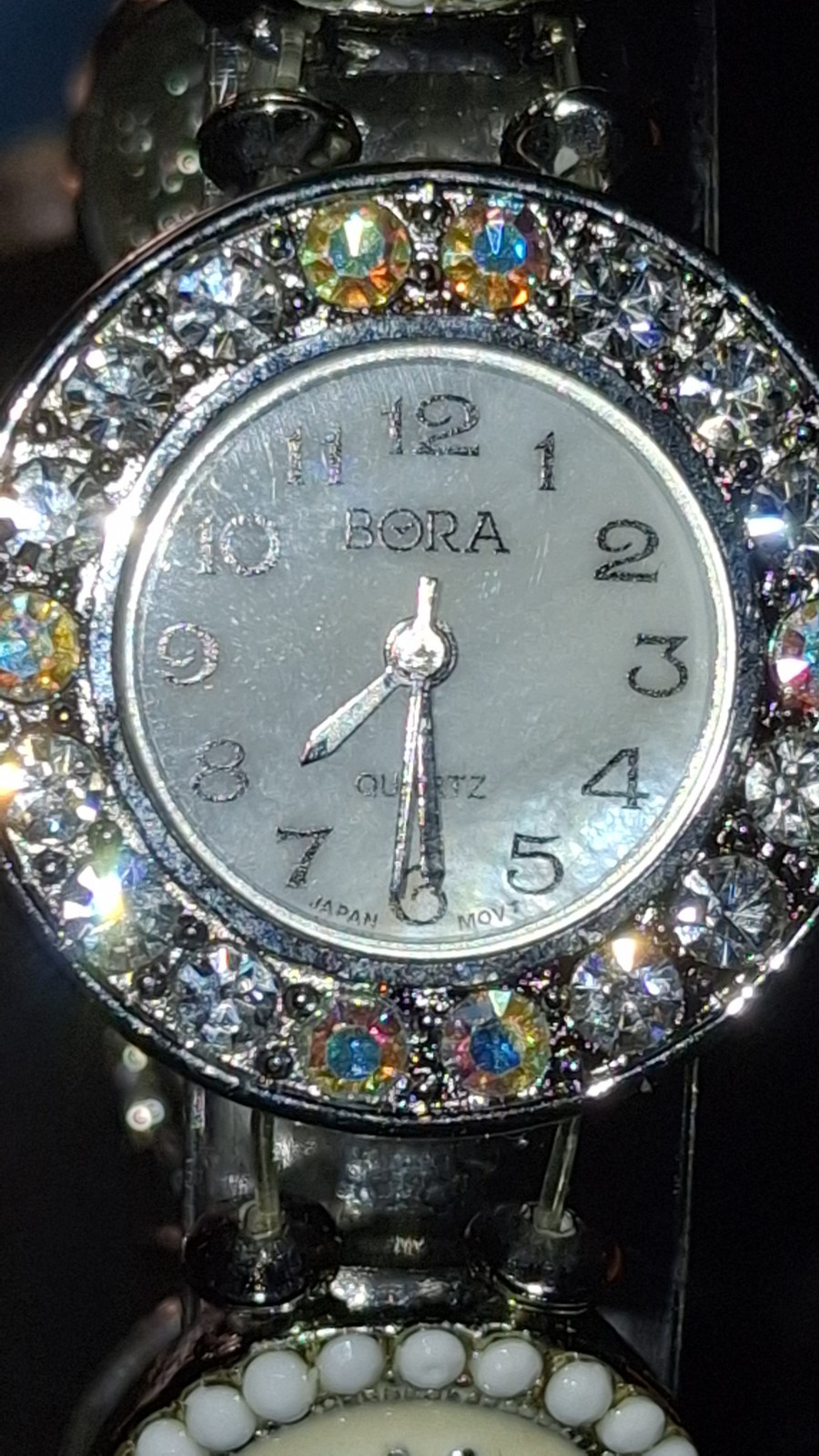 Bora Quartz Wristwatch Silver Tone Bracelet Crystal Accents Analog Mother of Pe…