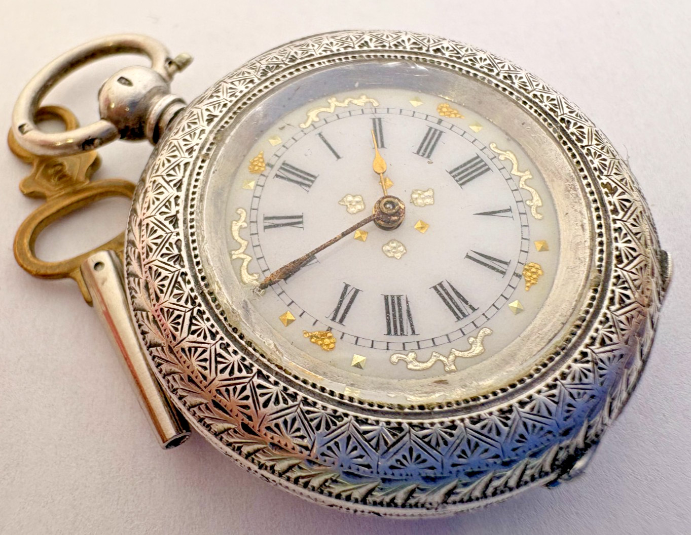 ANTIQUE 1880 VICTORIAN HAND PAINTED & HIGHLY ENGRAVED SILVER POCKET WATCH