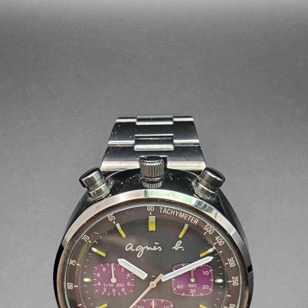Agnes b V655-7010 Quartz Chronograph Watch 37.8mm Black Case Purple Dial
