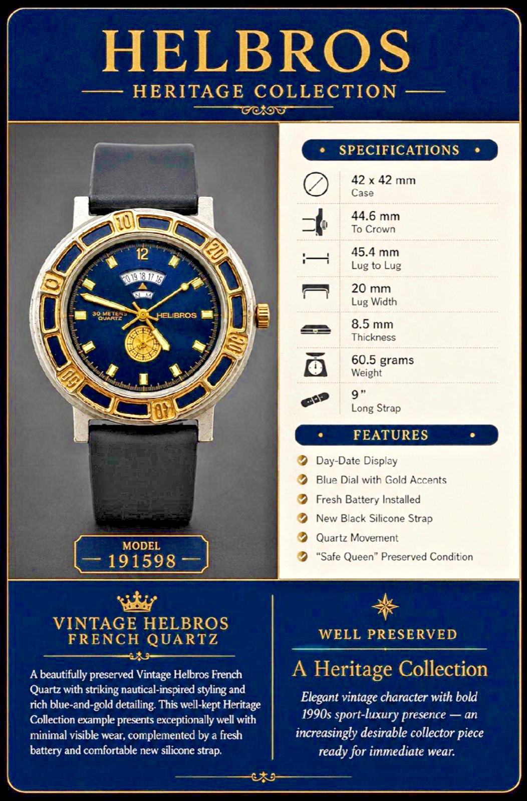 1990s HELBROS ‧ French Vintage‧Blue & Gold Bezel ‧ New Strap