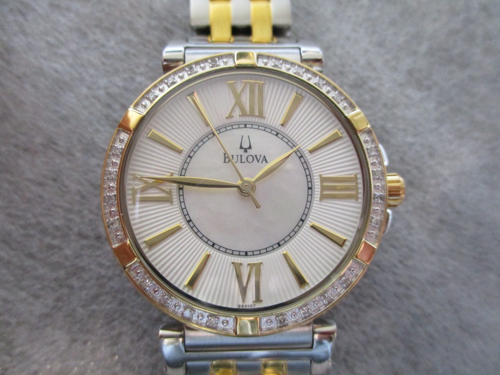 BULOVA LADIES DIAMOND BEZEL & MOP DIAL WATCH 2 TONE STAINLESS C637585 – NEW BATT