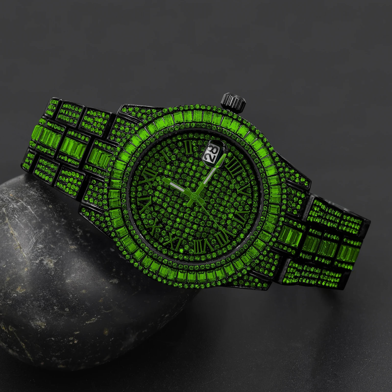 Mens Iced Out Green Baguette CZ Crystal Watch Black Hip Hop Quartz Date 39mm