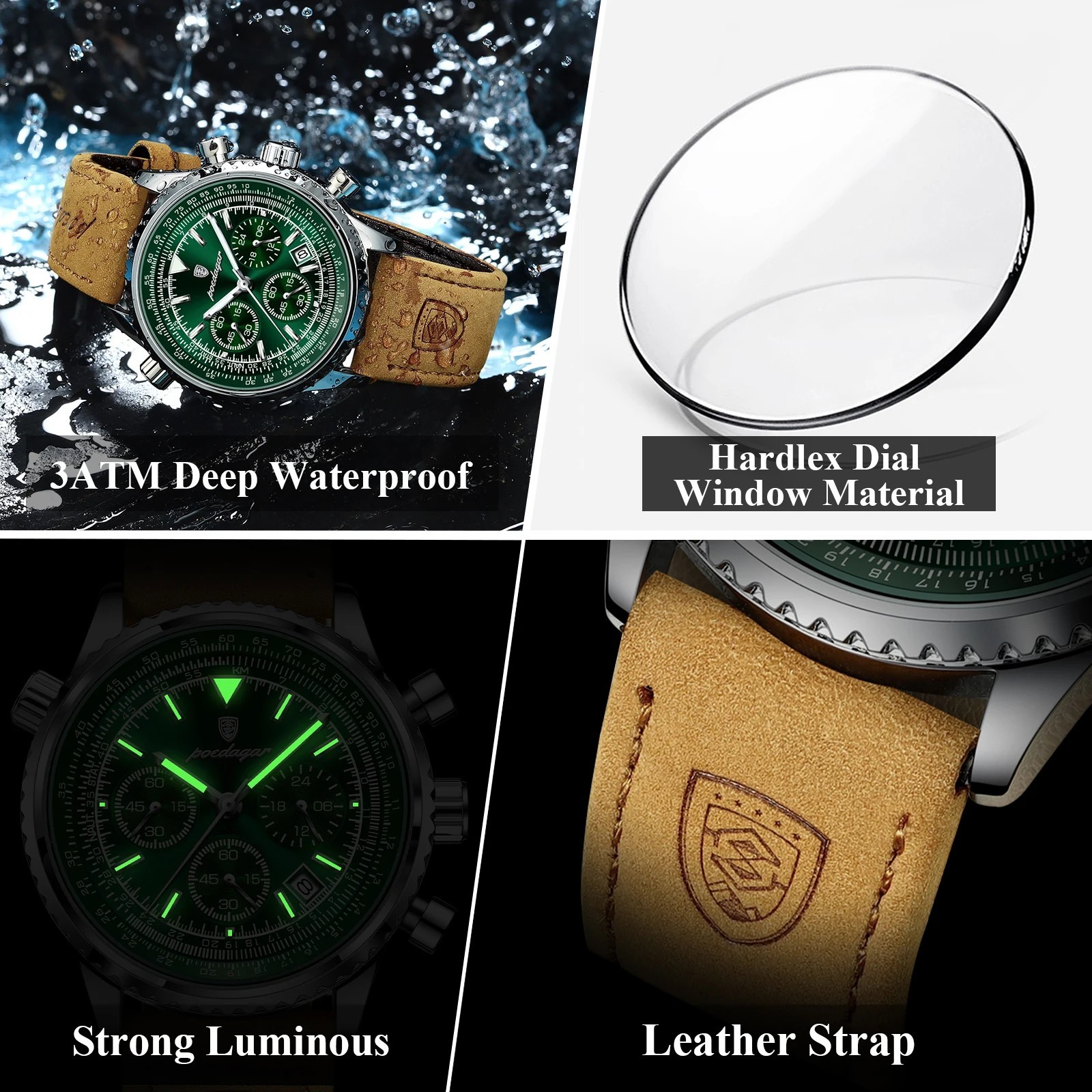 POEDAGAR Luxury Men Quartz Watch Waterproof Chronograph Leather Best Gift