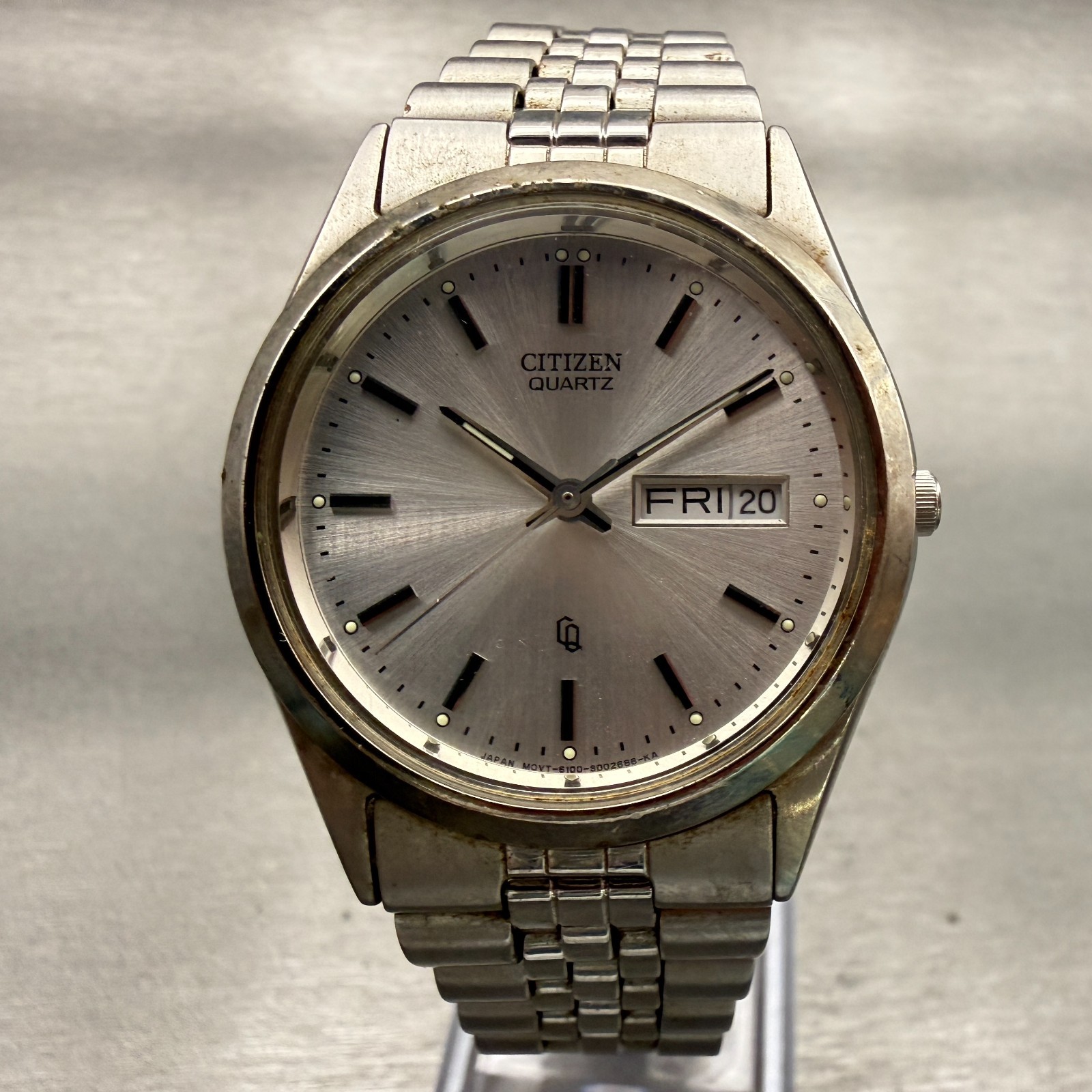 Citizen CQ Watch Men 35mm Silver Dial Silver Daydate Round 8100-S96389 New Batt