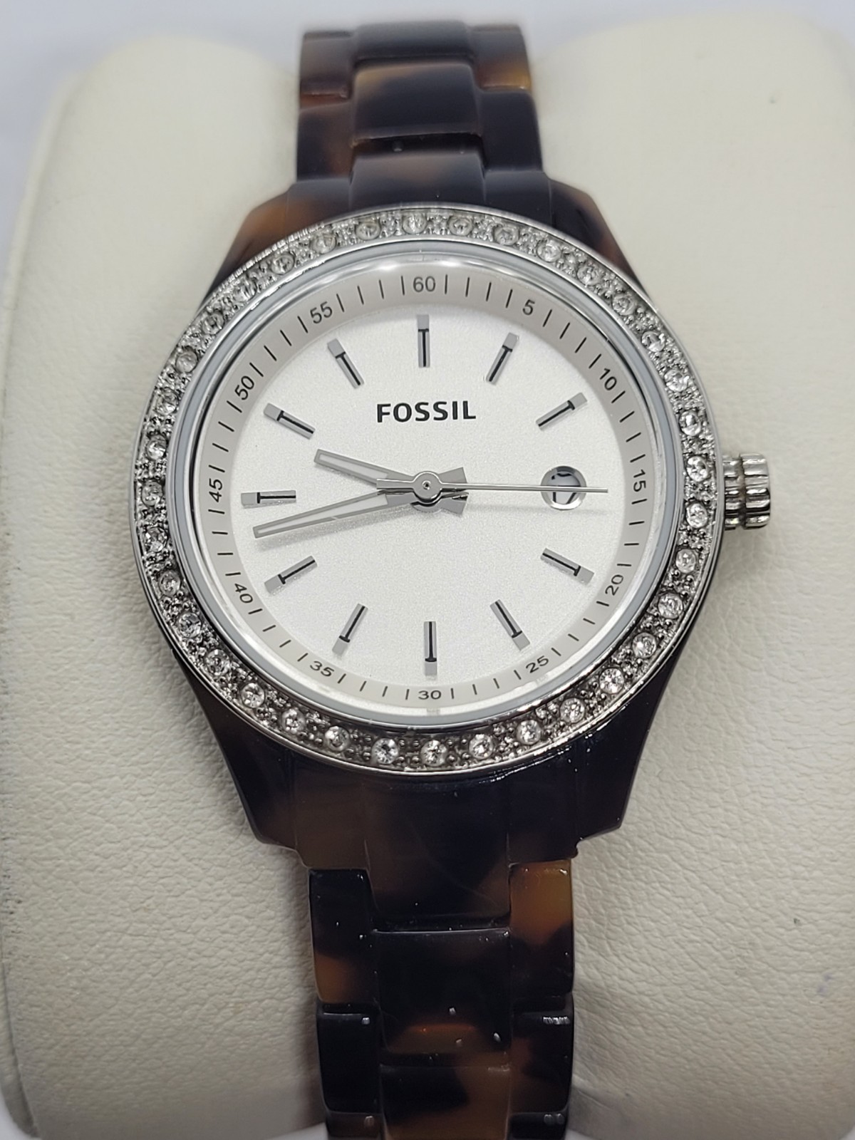 Fossil Womens Watch 30mm Faux Tortoise Crystal Bezel ES-2680 New Battery 7″(118)