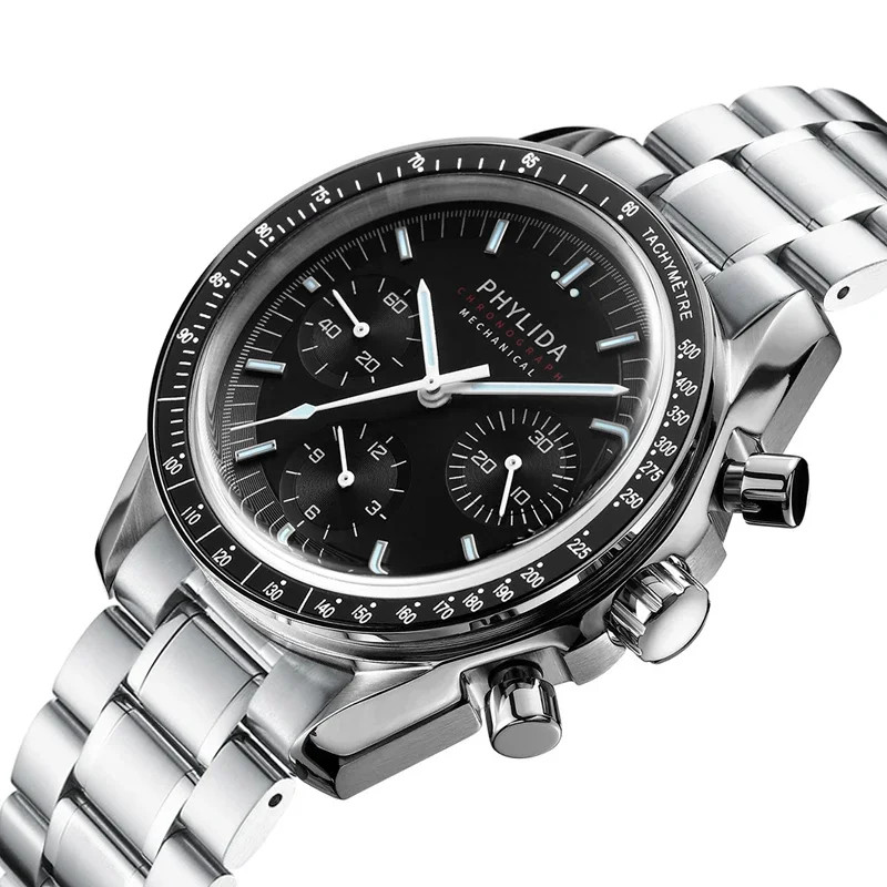 PHYLIDA 40mm Men’s Mechanical Chronograph Watch Black Dial Stainless Steel