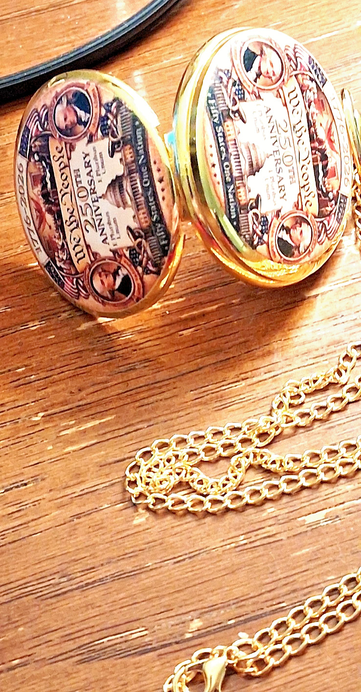 Gold tone comememorative pocket watch titled Anniversary We the People