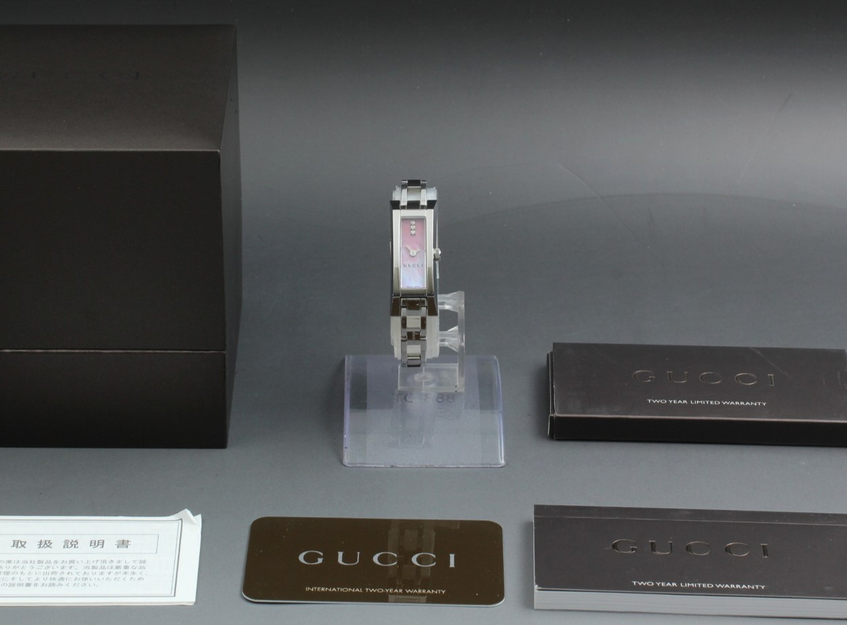 [N MINT /Case] Gucci 110 14mm Pink Shell Dial 3P Dia Silver Quartz Womens Watch