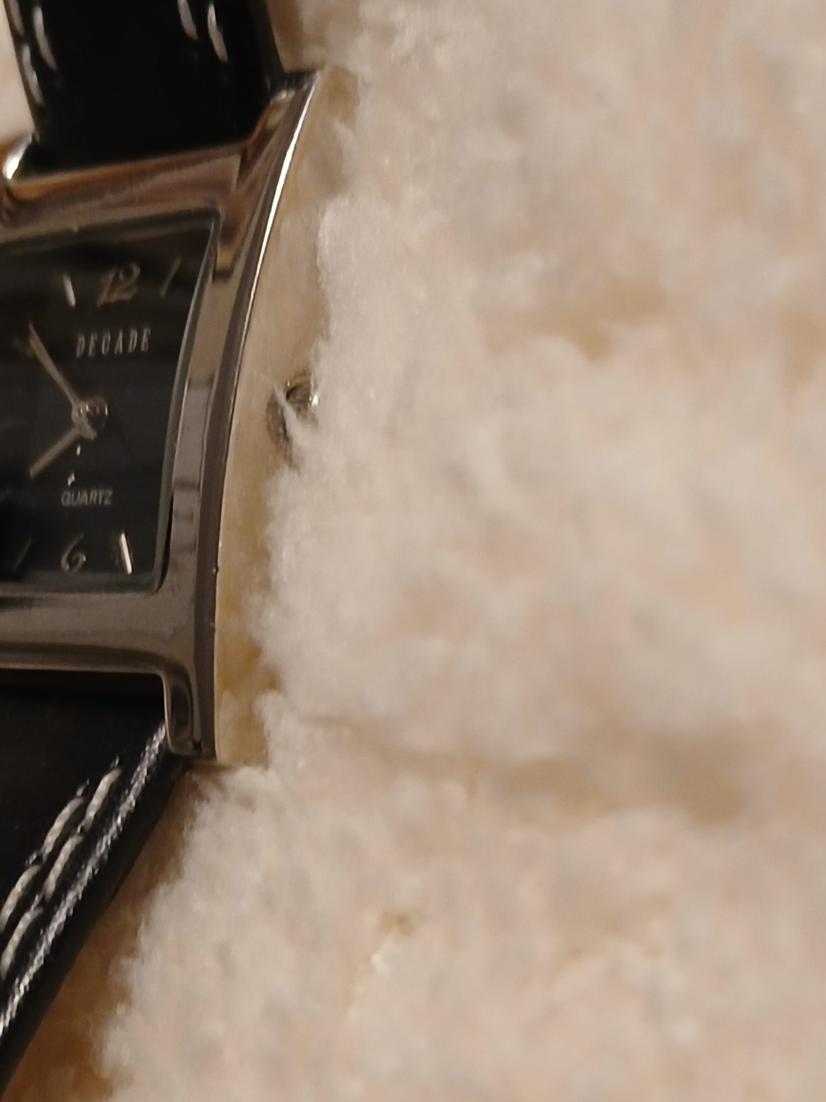 Vintage Decade Quartz Rectangle Watch Black Dial Silver Case Leather Strap EUC