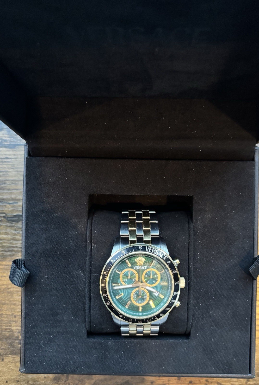Versace Men’s Green Dial Quartz Chronograph Date Two-Tone SS Bracelet 44mm Box
