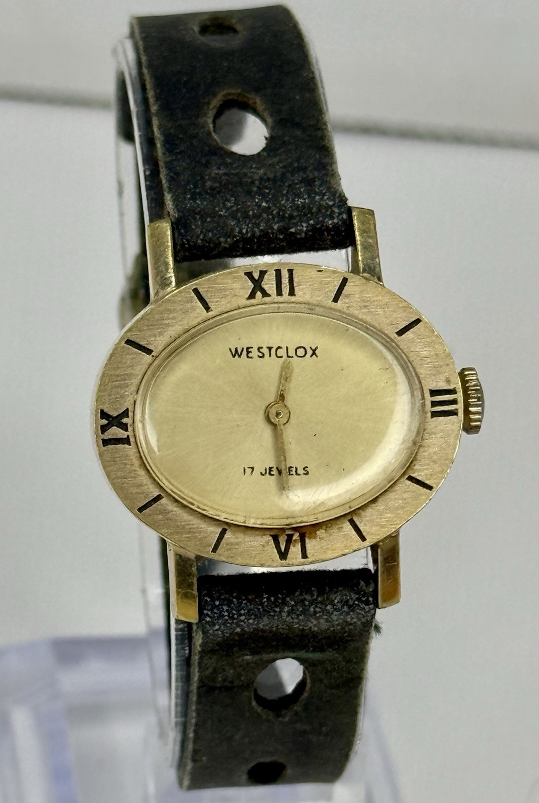 Vintage Westclox Mechanical Watch Ladies Gold Tone Roman Numerals 26mm 6.5” USA