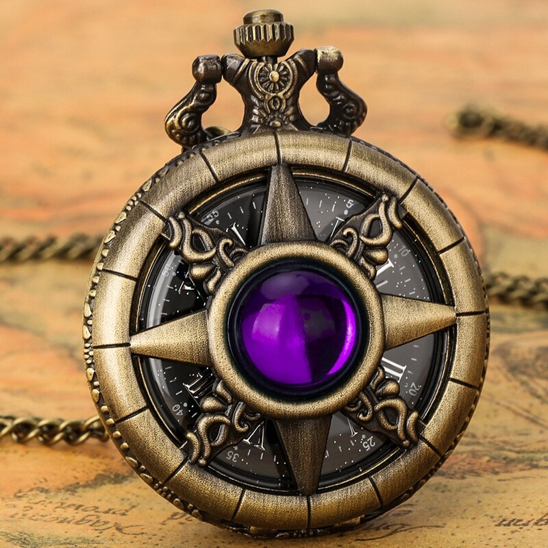 Steampunk Bronze Quartz Pocket Watch with Stone Decoration Chain Women Men Gifts