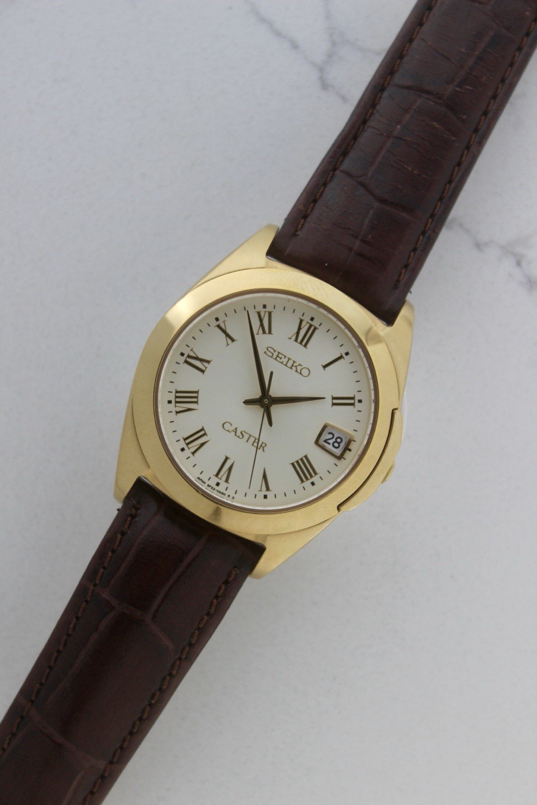 Seiko Caster 1970s Quartz Perpetual Calendar Gold Plated 38mm Roman Dial Rare