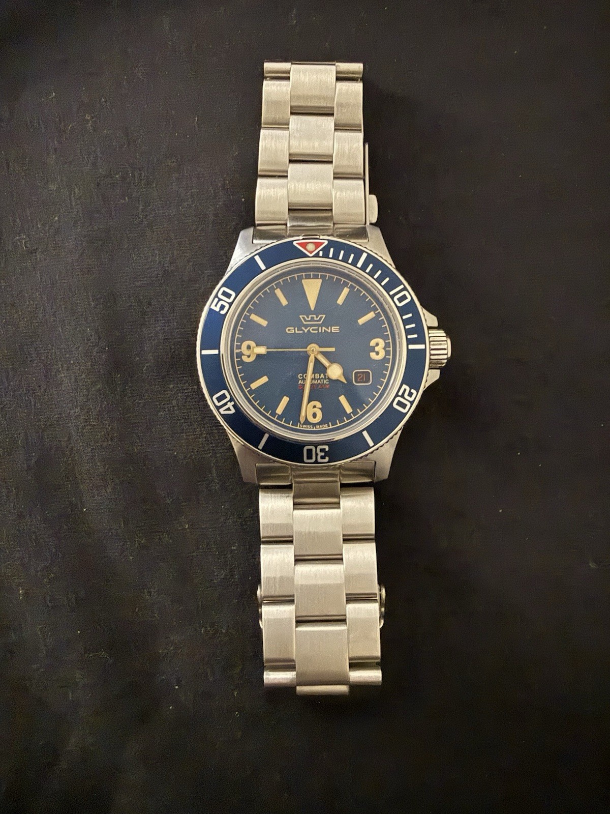 Glycine Combat Auto Diver 42mm Blue Dial/Bezel Date 200m Box Papers