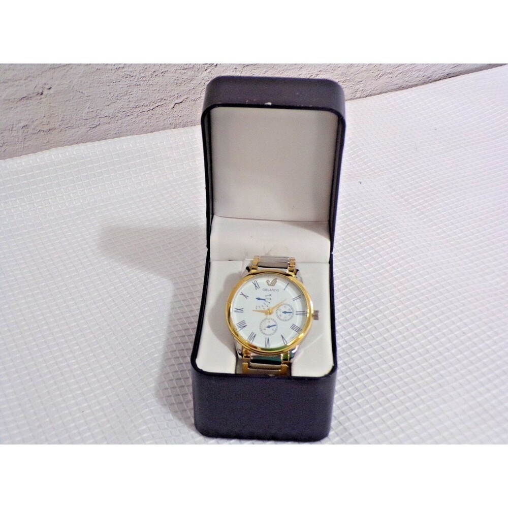 Omex Orlando Quartz Men’s Wristwatch Silver & Gold Tone Dbl Folded Clasp Roman #
