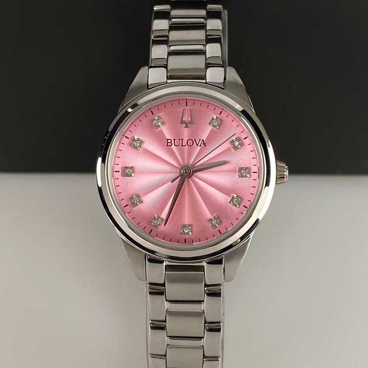 Bulova Sutton Diamond Pink Dial Stainless Steel Women’s Quartz Watch 96P249 28mm