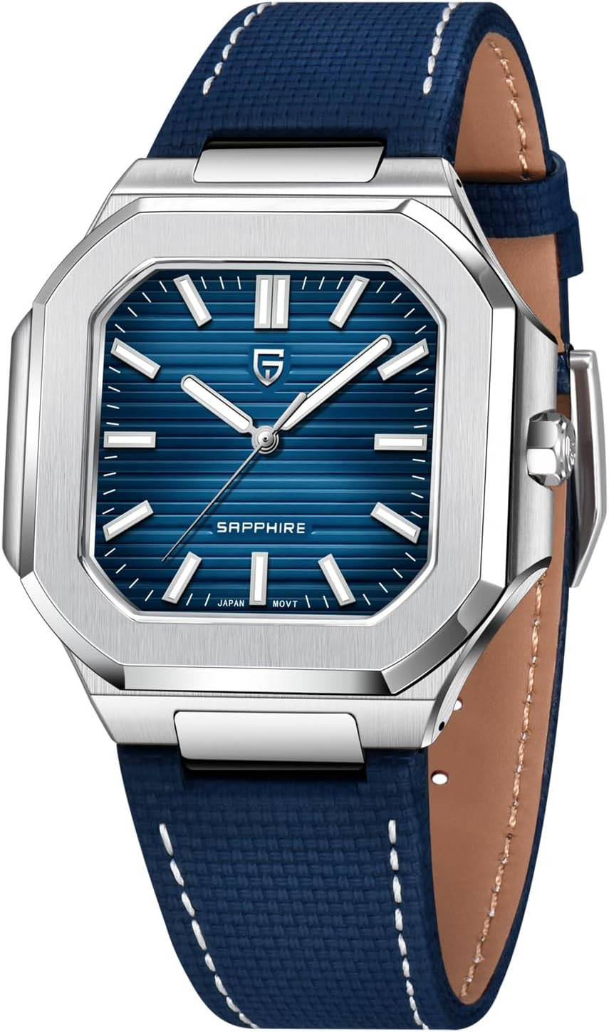 Stylish Octagonal Watch, Sapphire Glass, Silver Case, Navy Leather Band, 37mm