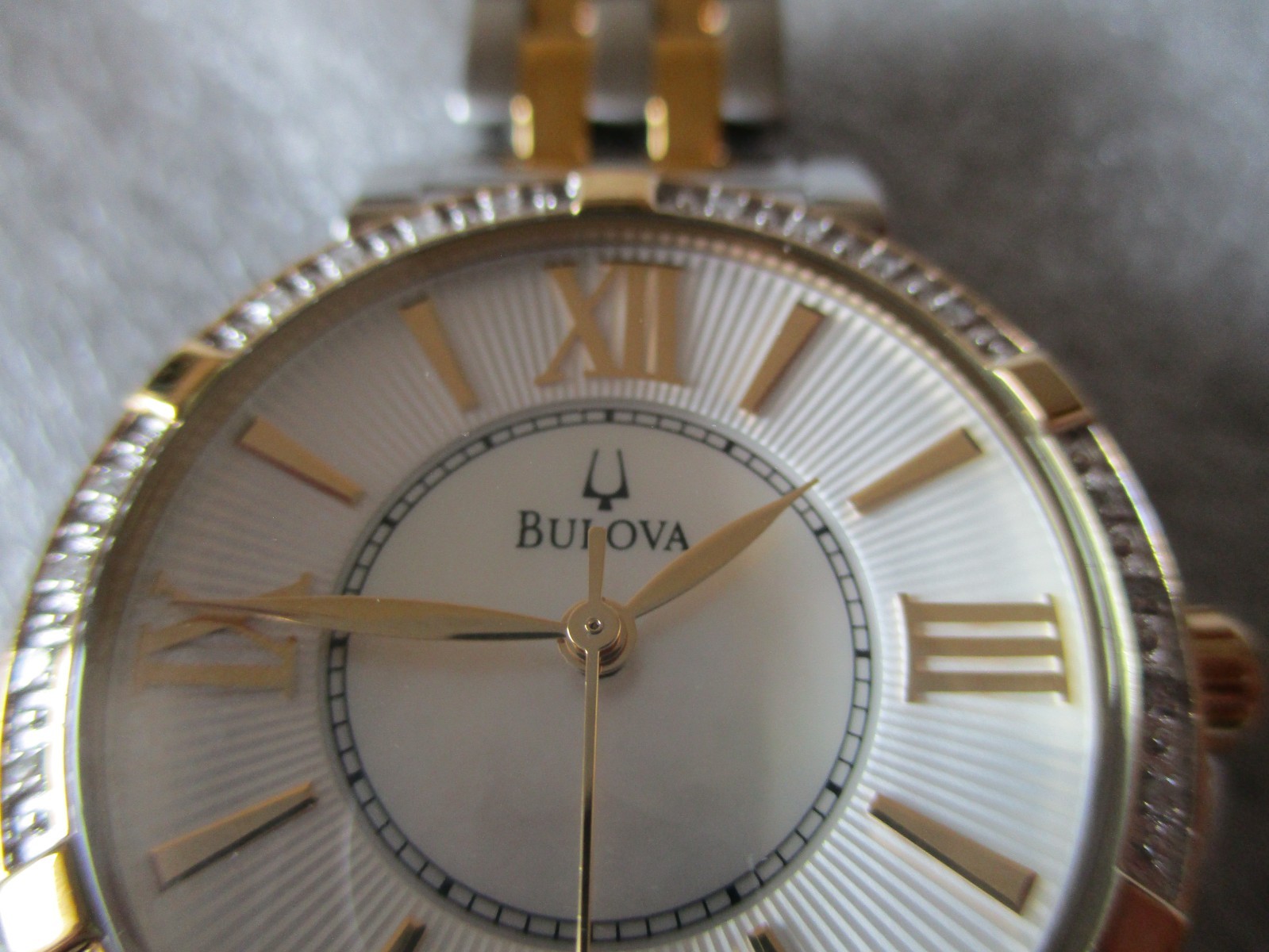 BULOVA LADIES DIAMOND BEZEL & MOP DIAL WATCH 2 TONE STAINLESS C637585 – NEW BATT