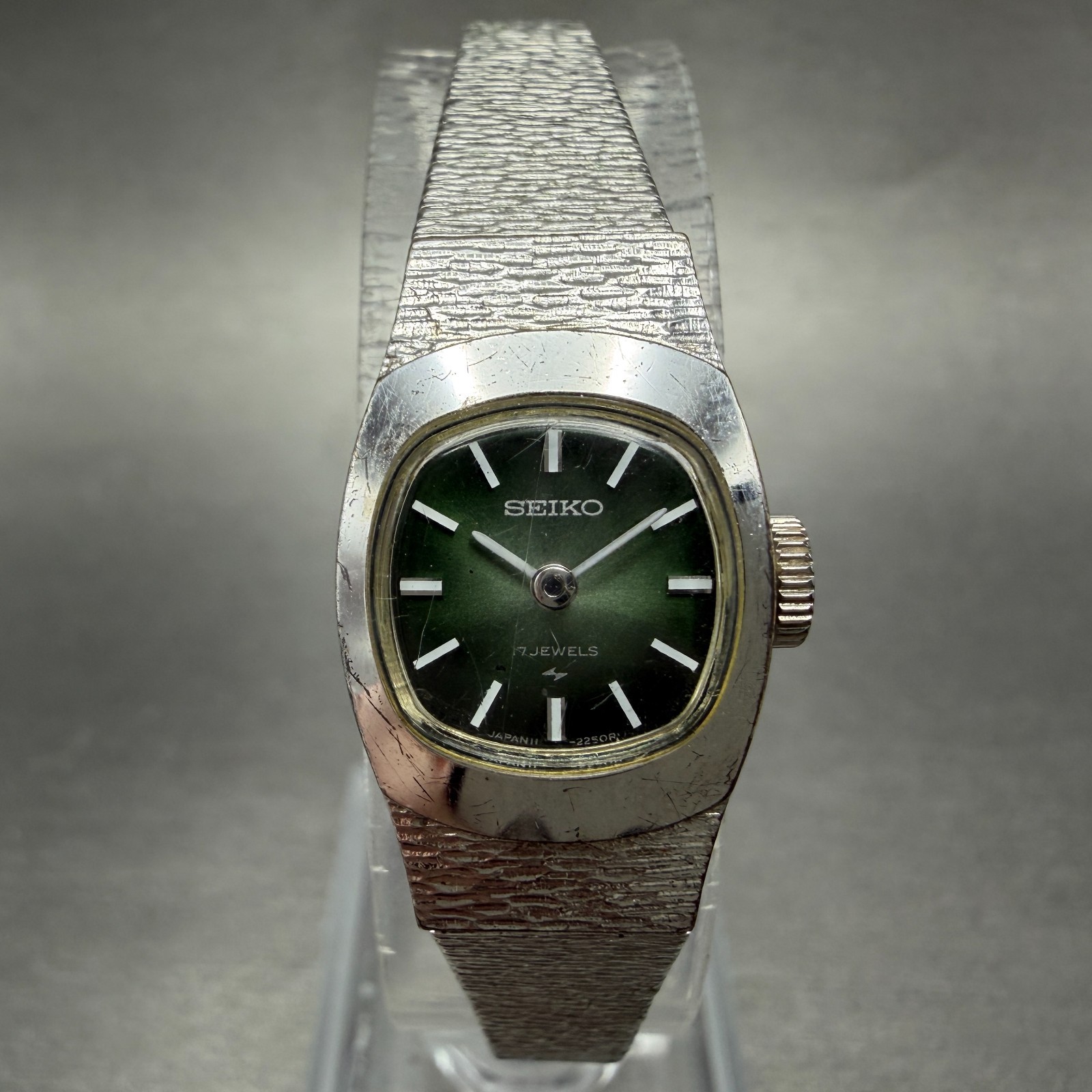 Seiko Watch Women 15mm Green Dial Silver Tone Manual Rectangle 11-3380 Runs