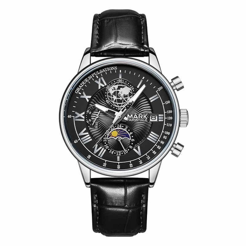 MARK FAIRWHALE Men’s Calendar Chronograph Moon Phase Leather Casual Quartz Watch