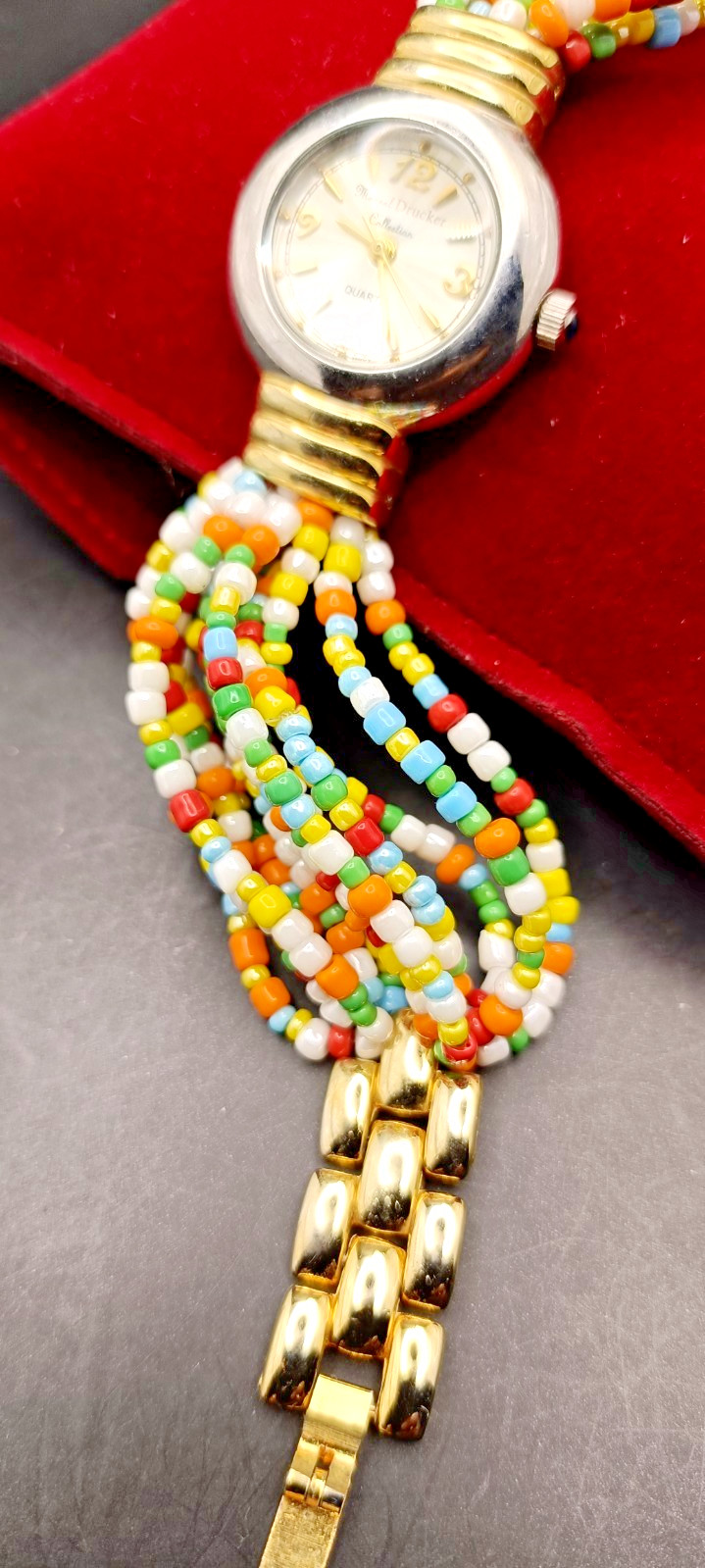 MARCEL DRUCKER Ladies Multicolour Multi Strand Gemstone Beaded Watch-VGC/Working