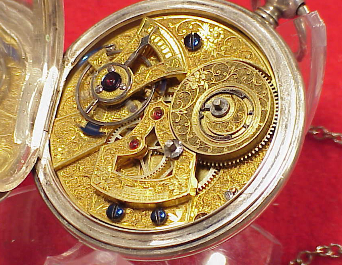 VINTAGE 55MM T JACOT BAT WING RUBY CRAB CLAW CHINESE DUPLEX SILVER POCKET WATCH