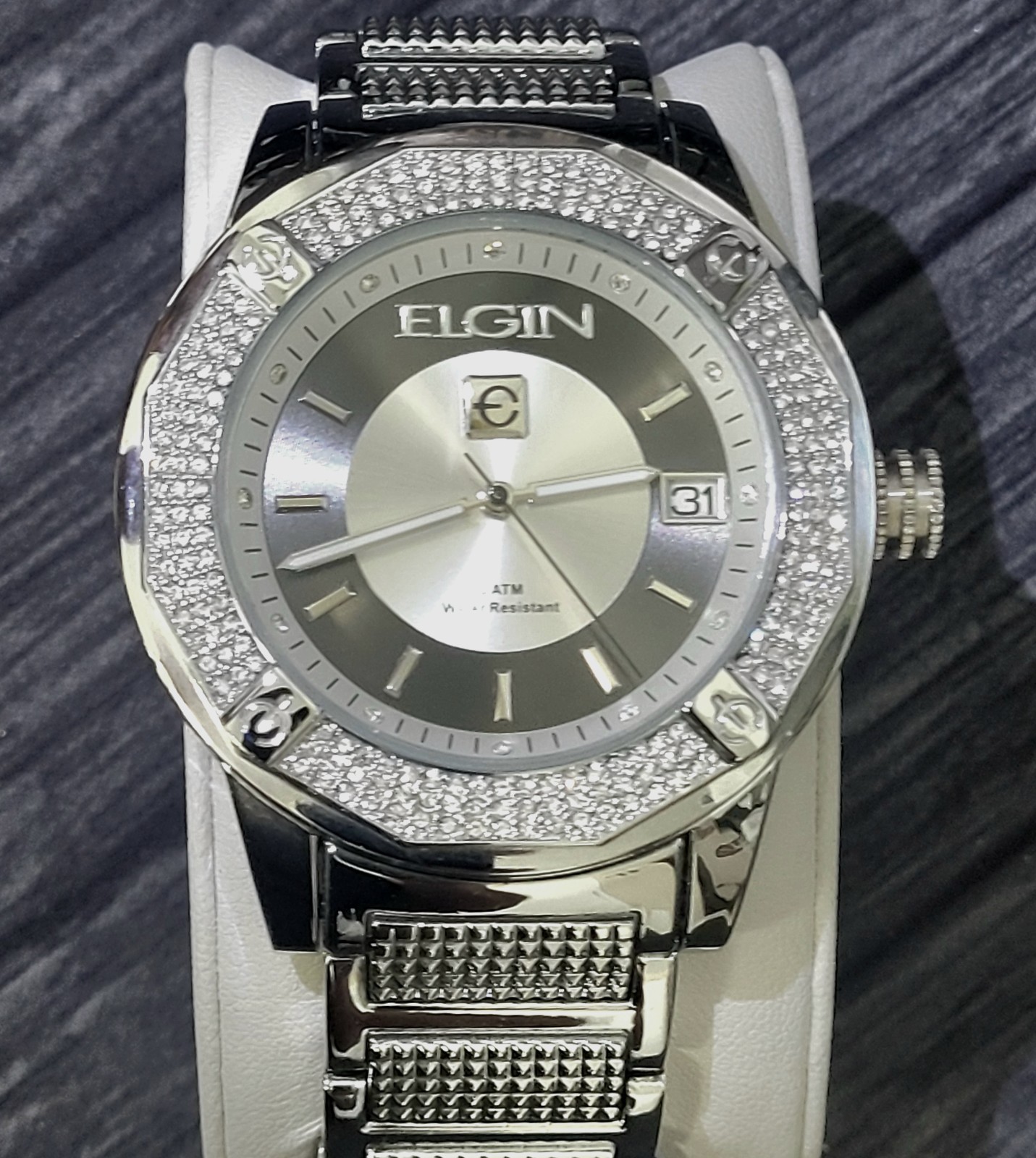 Rare Diamond Paved Bezel Mens Watch Elgin Authorized Dealer