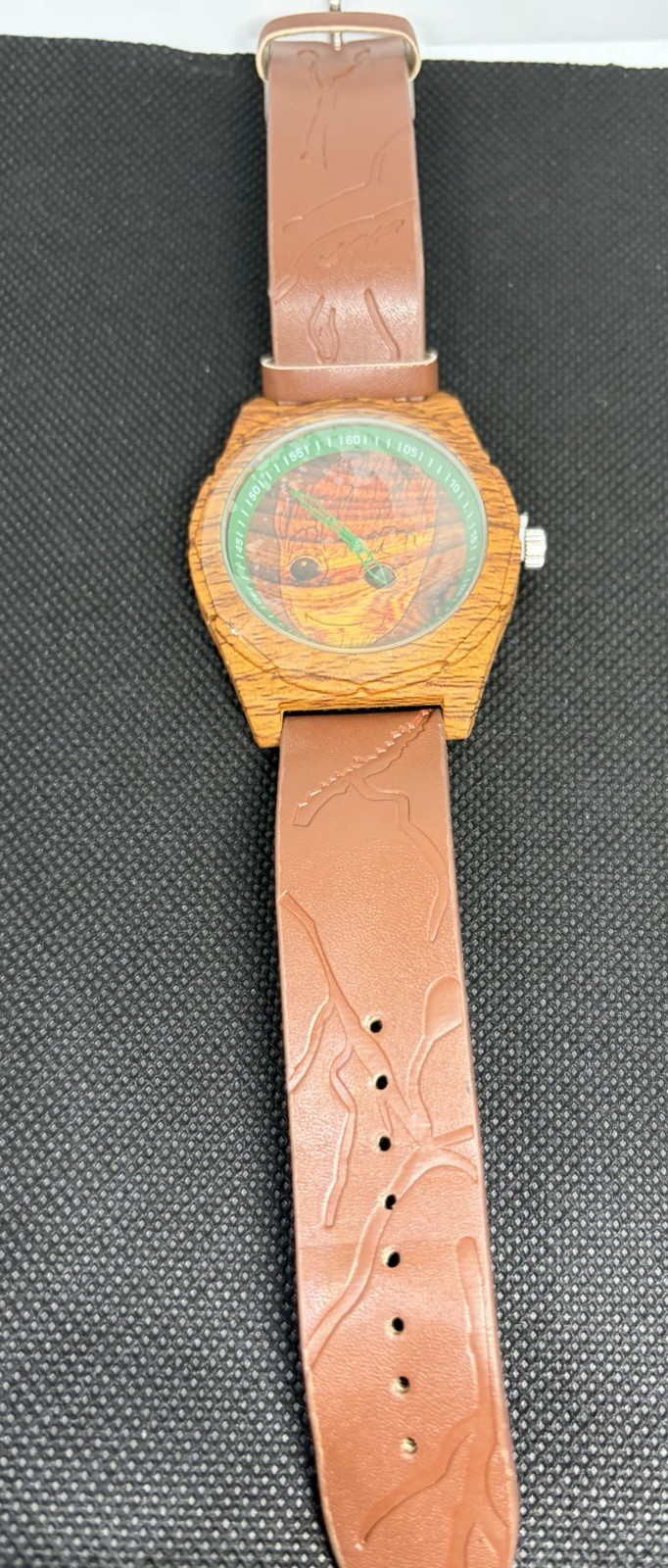 Marvel Groot Wood Case Quartz Analog Watch Brown Leather Strap 35mm Green Bezel