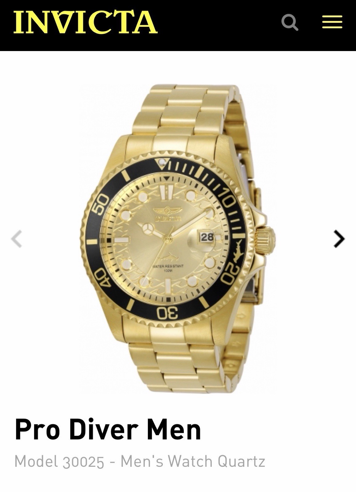 Invicta Pro Diver Men’s Quartz Watch 48mm Gold Bracelet Black Bezel 100m Date