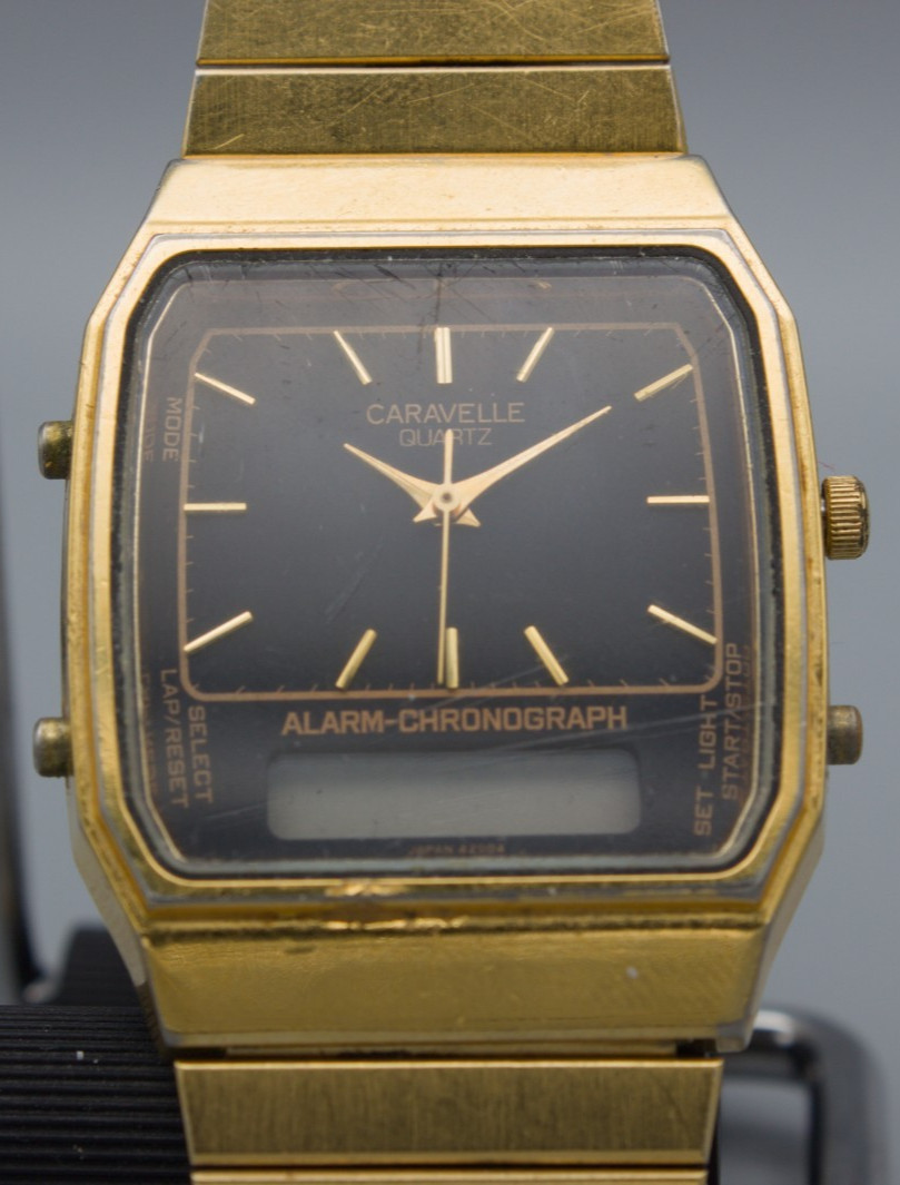 Vintage Caravelle by Bulova Ana-Digi Alarm Chronograph Watch Gold Tone