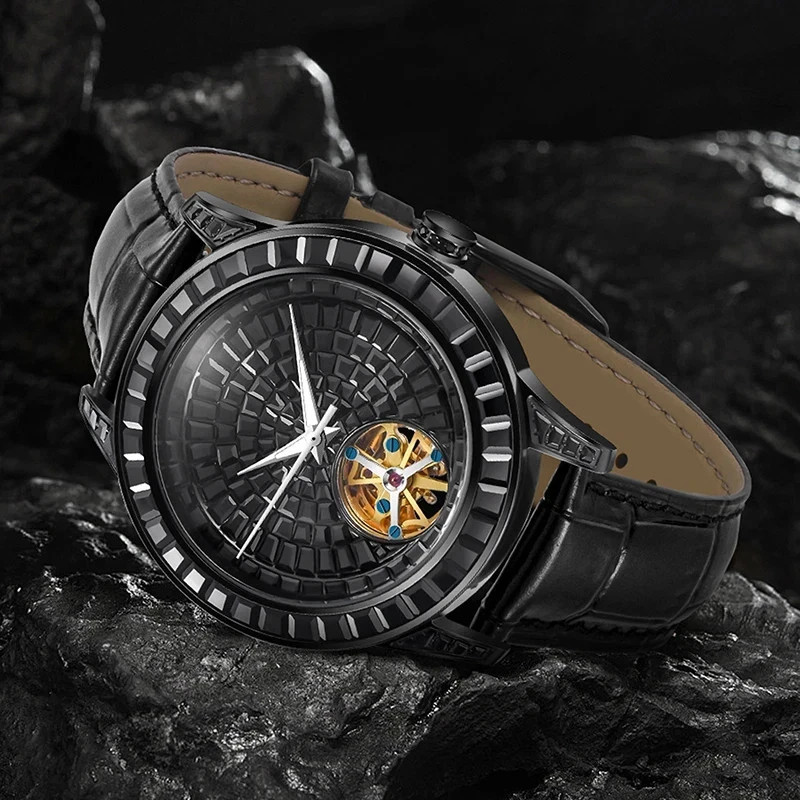 ?USA?PINDU Men’s Automatic Watch Mineral Glass Luminous Black Leather P5037