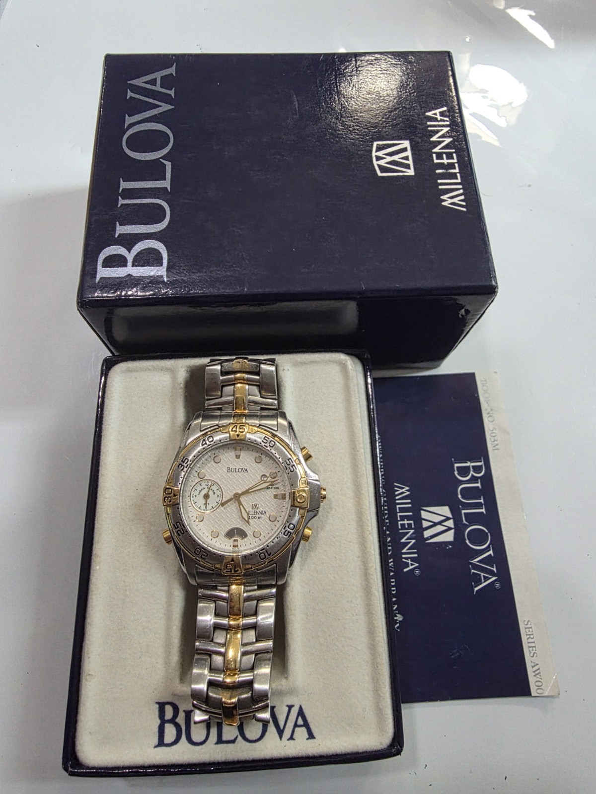 BULOVA MILLENNIA 38MM,TWO TONE, SUBDIAL ALARM QZ MEN’S WATCH, NEW ?BOX&PAPERS.