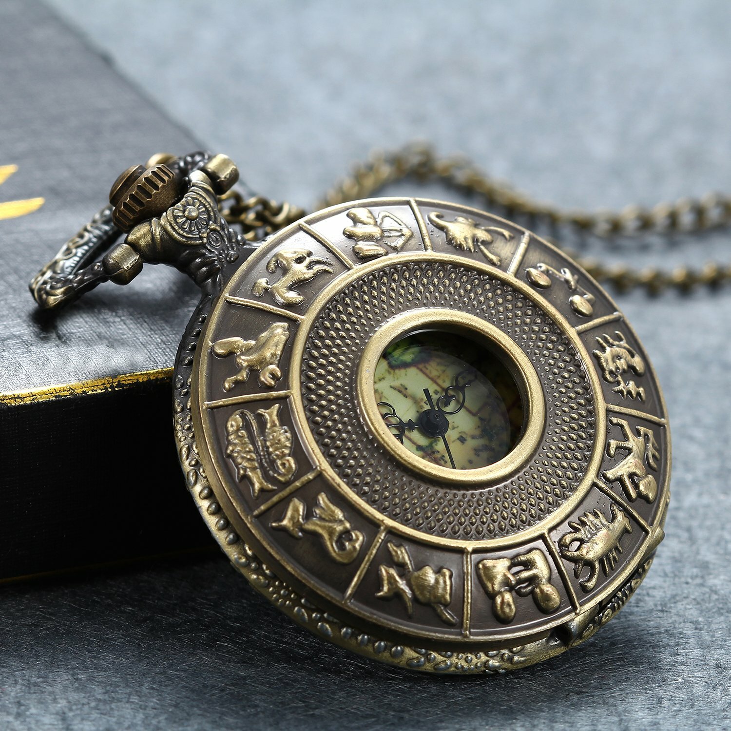 Bronze Constellation Map Roman Numeral Dial Quartz Analog Pocket Watch Necklace
