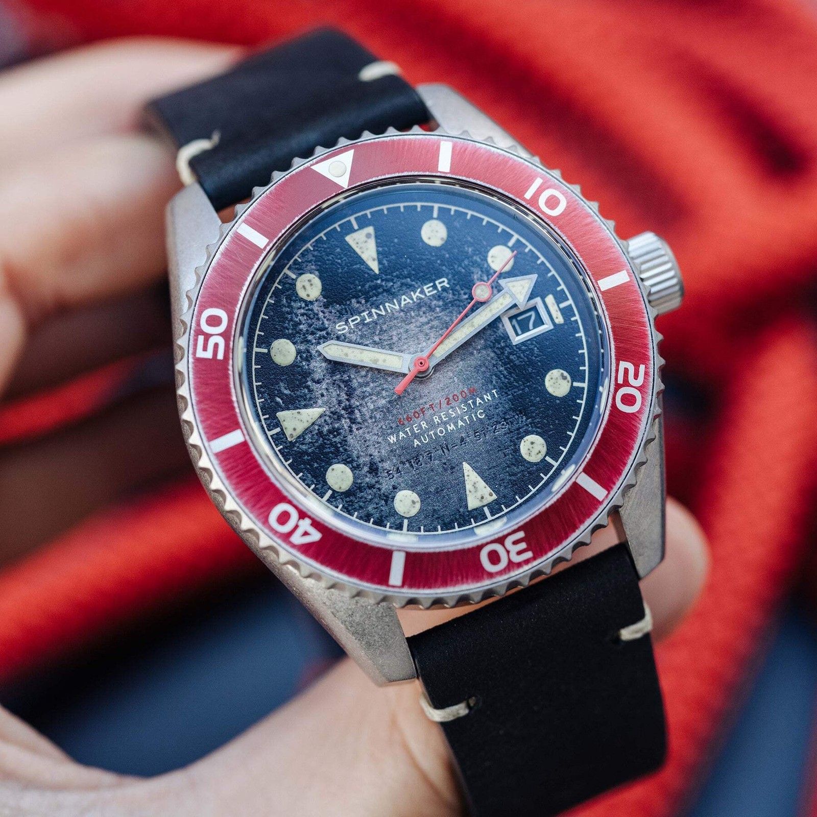 Spinnaker Wreck Red Ring & Gray / Leather | Black Dial 44mm Japanese Automatic W