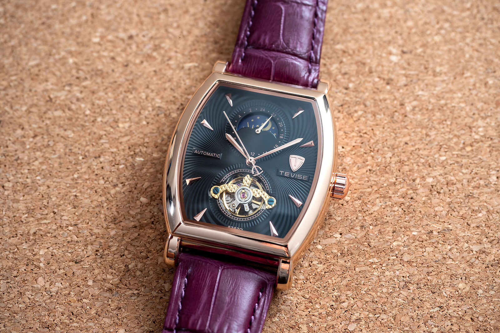 Mens Rose Gold Moon Phase Automatic Mechanical Watch Purple Leather 24HR Dial