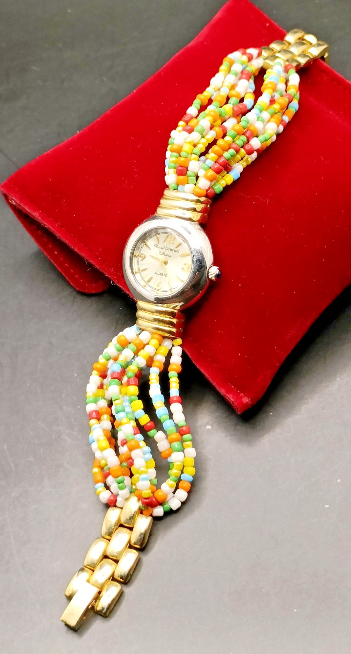 MARCEL DRUCKER Ladies Multicolour Multi Strand Gemstone Beaded Watch-VGC/Working