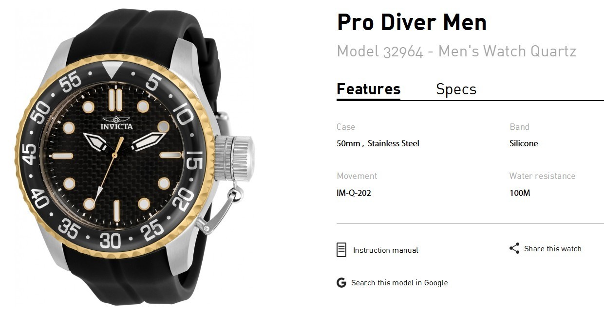 Invicta 32964 Pro Diver Men’s 50mm Black Carbon Fiber Dial Quartz Watch Silicone