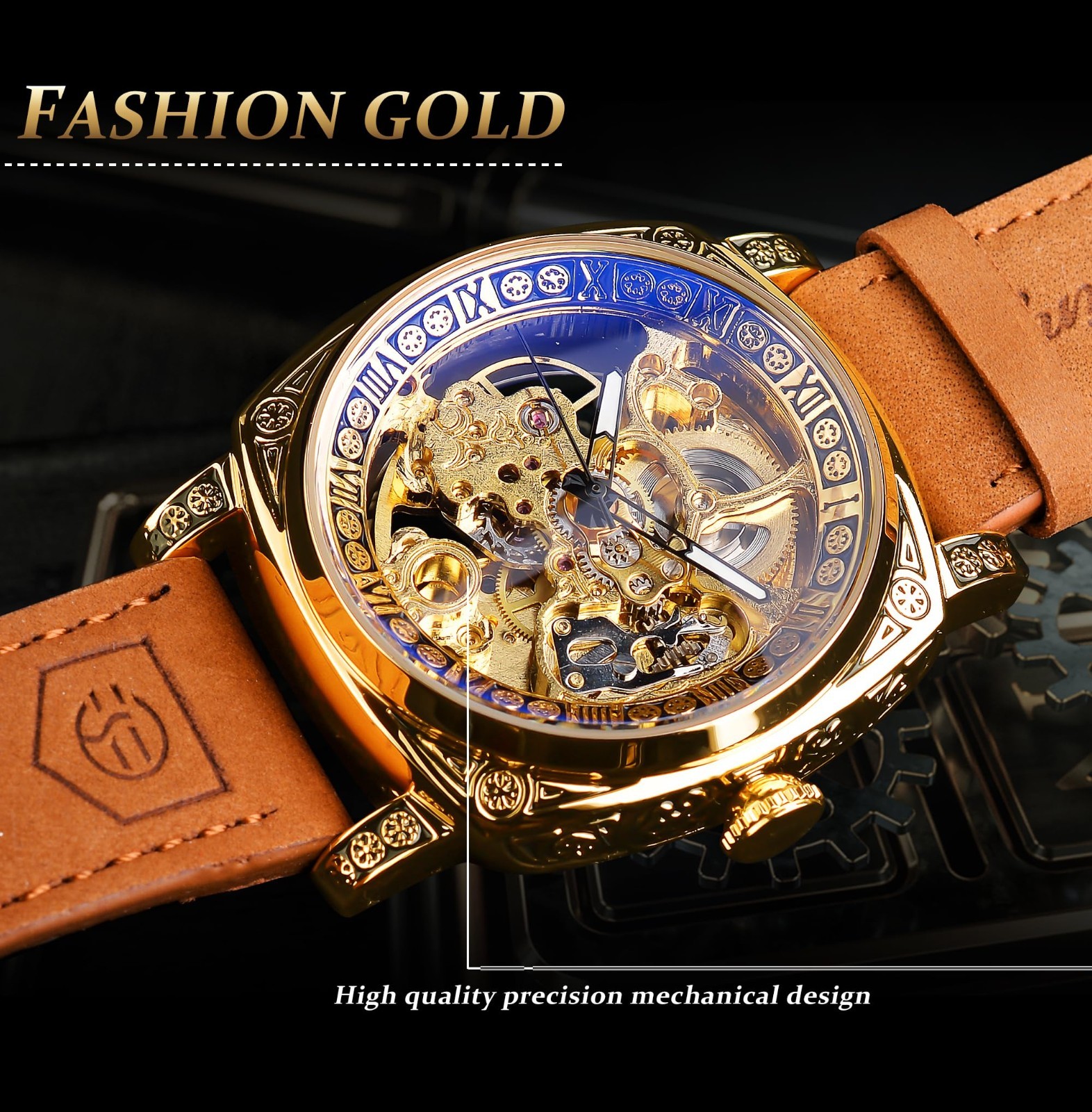Square Retro Mechanical Watch, Skeleton Automatic, Vintage Leather Strap, Men’s