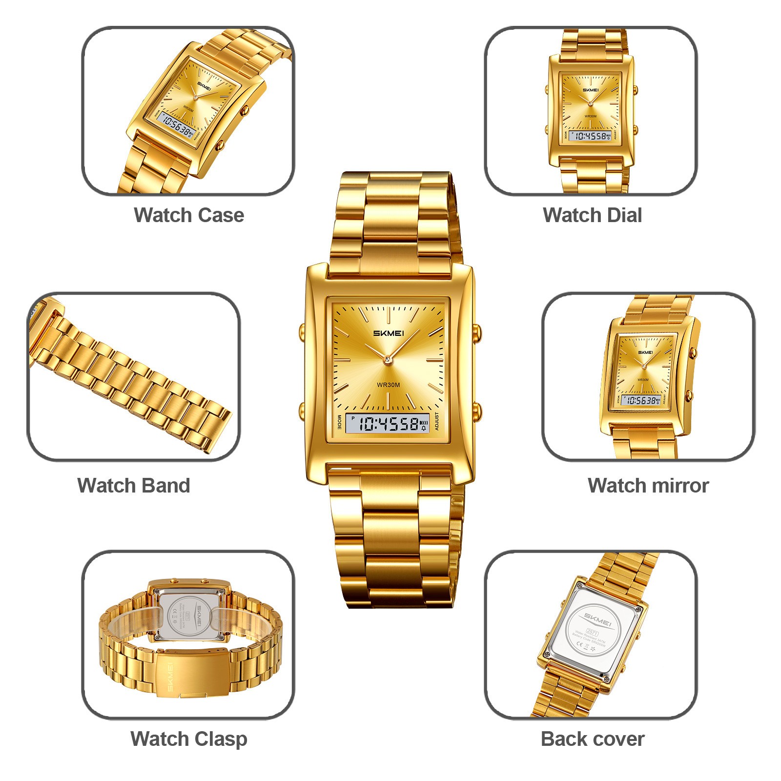 SKMEI Men Electronic Watch Rectangle Wristwatch Male Steel Digital Sport Watches