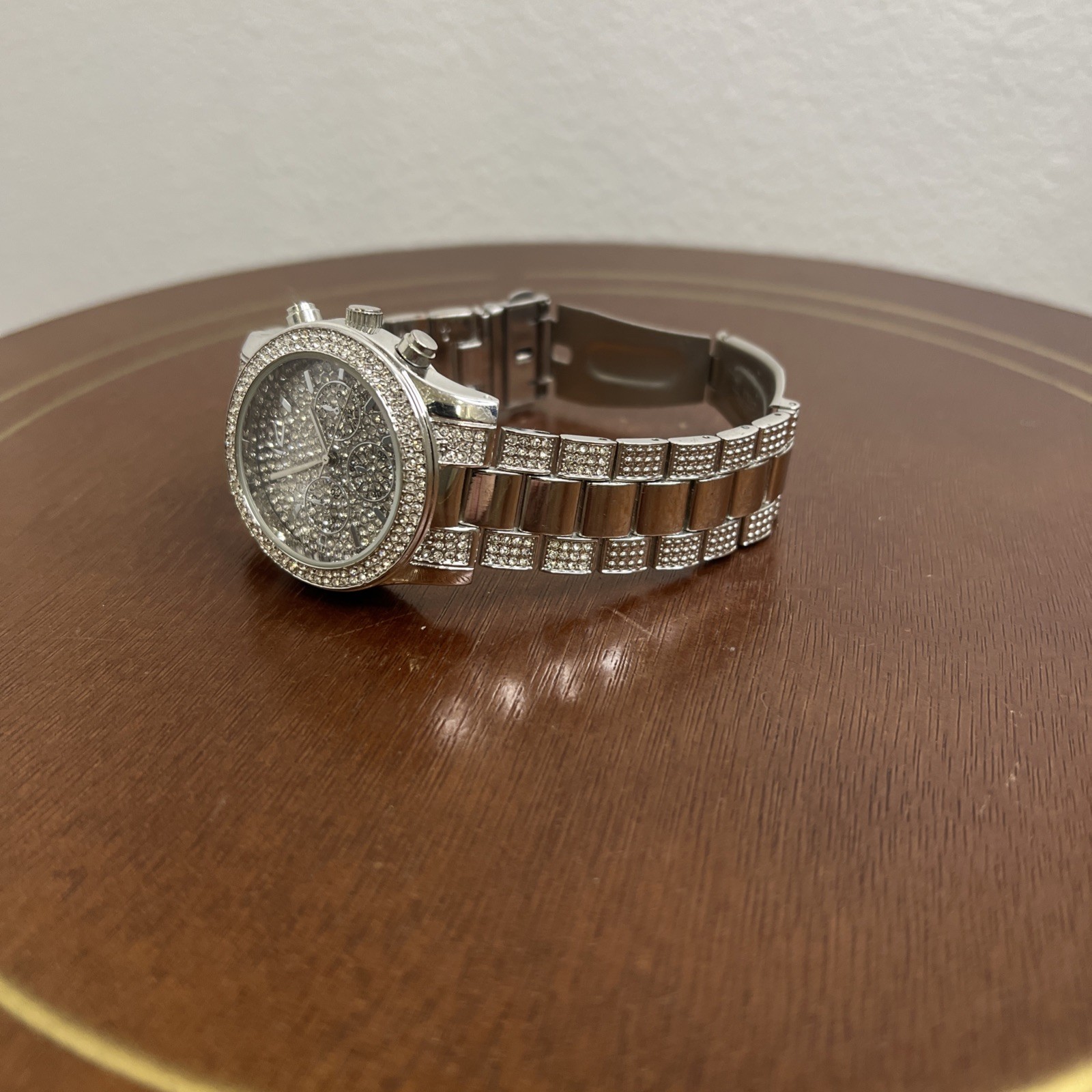 Diamond Accent Men’s Black and Silver Chrono Watch New Battery Bling Bling
