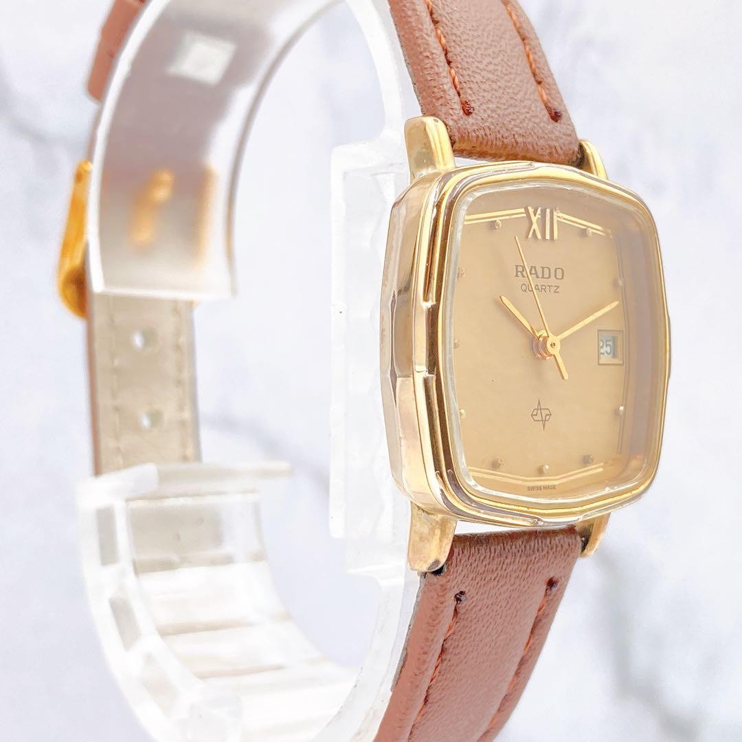 RADO Quartz Square Watch Gold Dial Brown Strap 23mm 16.3cm Vintage Rare