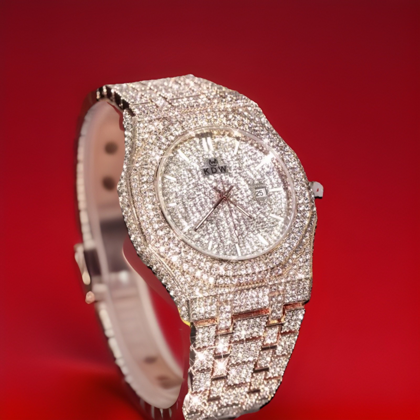 Bustdown”ICED” Out Luxury Wristwatch Diamond Pattern Gold Silver Movement Italy”