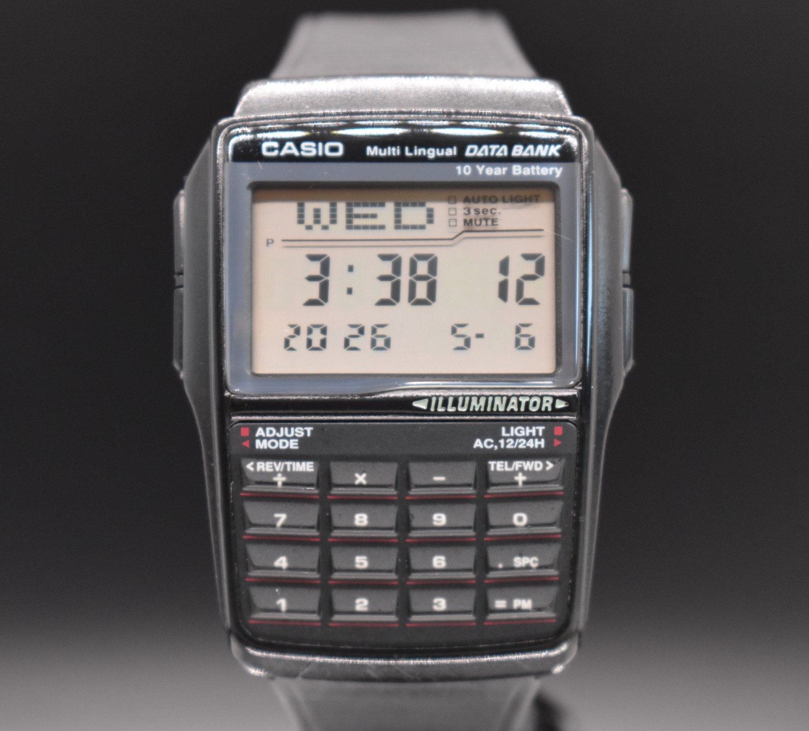 Retro Casio DBC-32 Databank Calculator Watch Black Digital Alarm Telememo Y2K