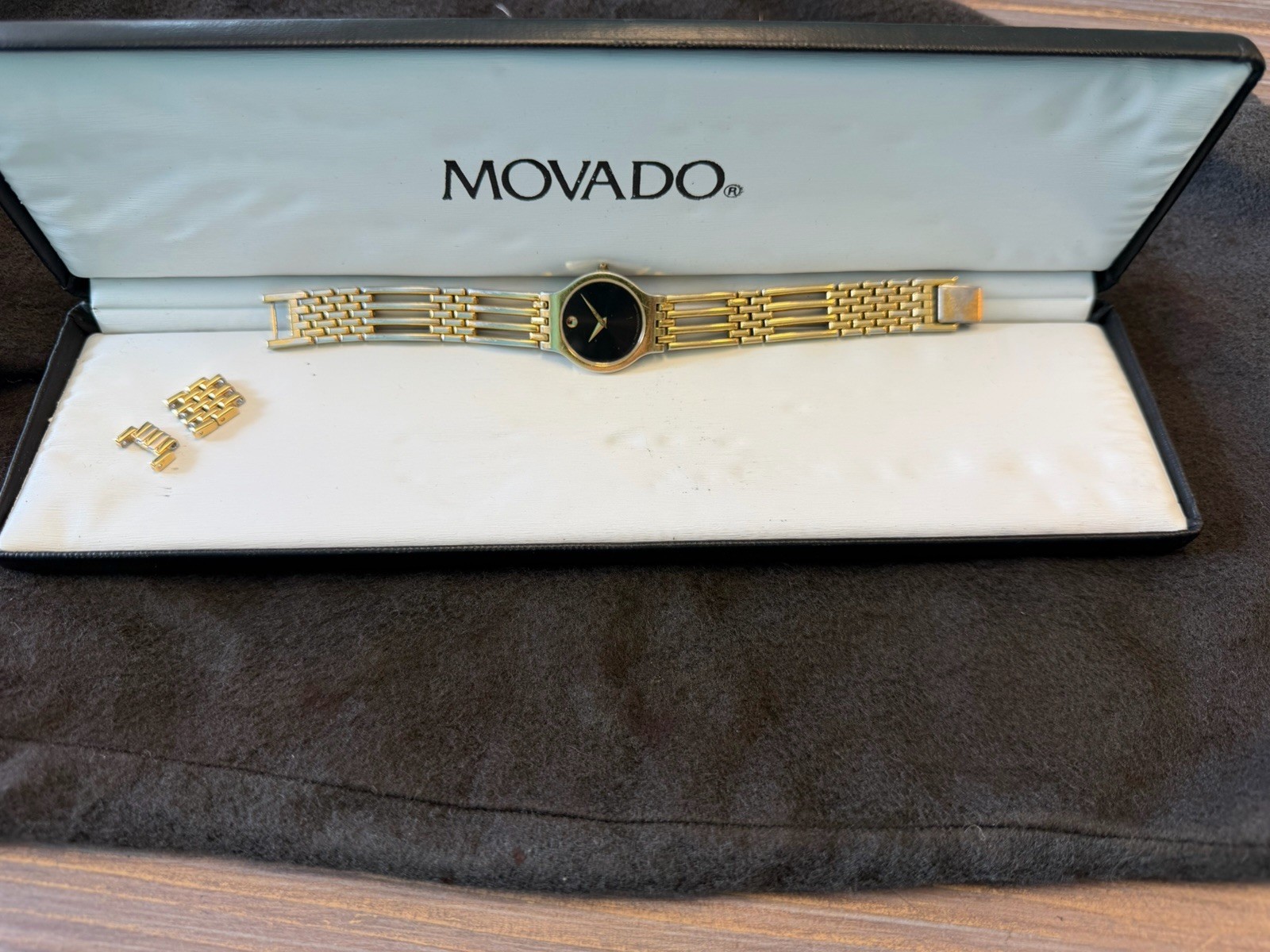 Movado 1881 Women’s Quartz Two-Tone Gold/Silver Bracelet Watch Black Dial Box