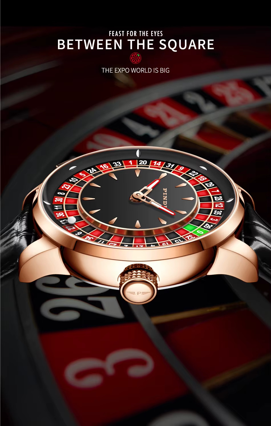 PINDU Luxury 46mm Men’s Automatic Watch 5ATM Casino Tourbillon Rotating Roulette