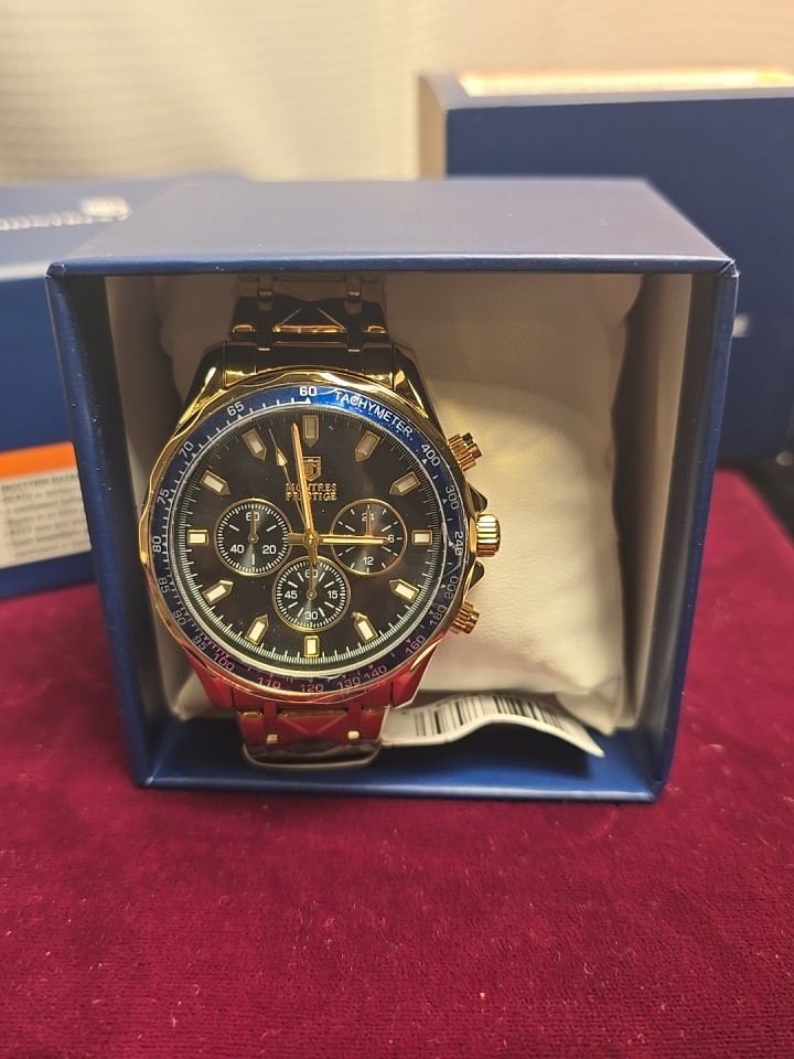Montres Prestige Gold Chronograph Quartz Men’s Wristwatch Blue Bezel New In Box