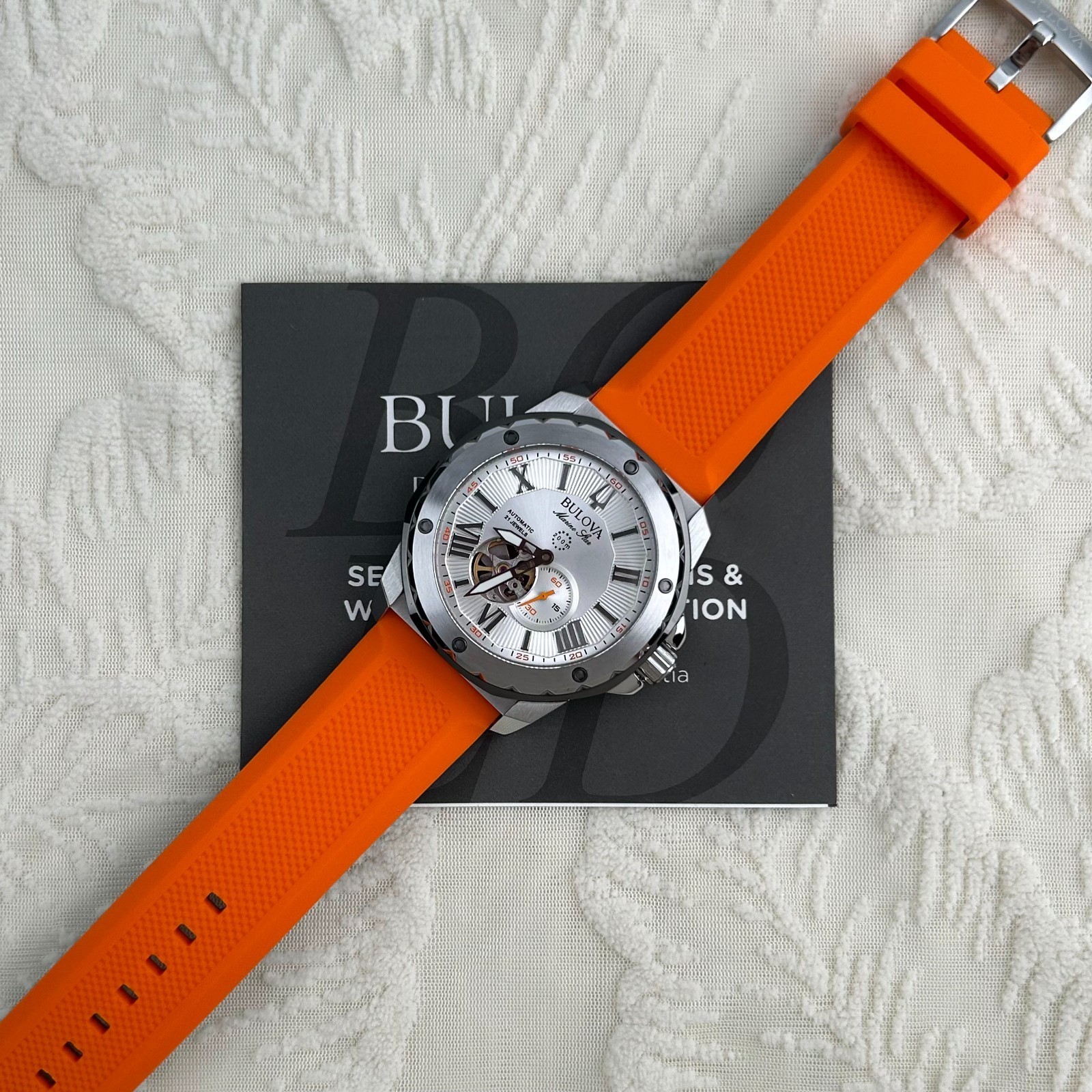 Bulova Marine Star A Automatic Orange Dial Rubber Strap Men 98A226 Watch