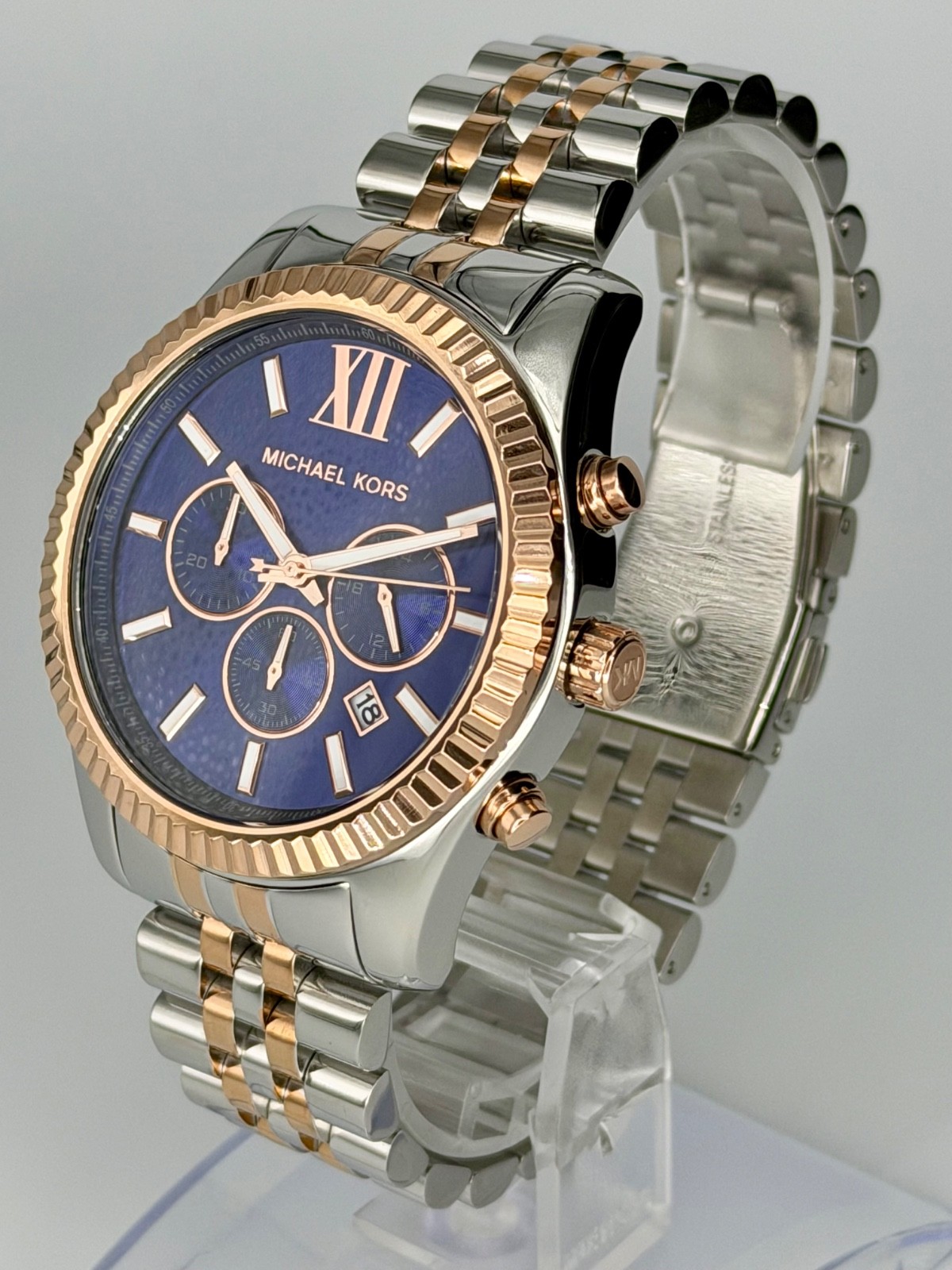 MICHAEL KORS Lexington MK8412 Silver/ Rose-Gold 45mm Blue Dial Unisex Wristwatch